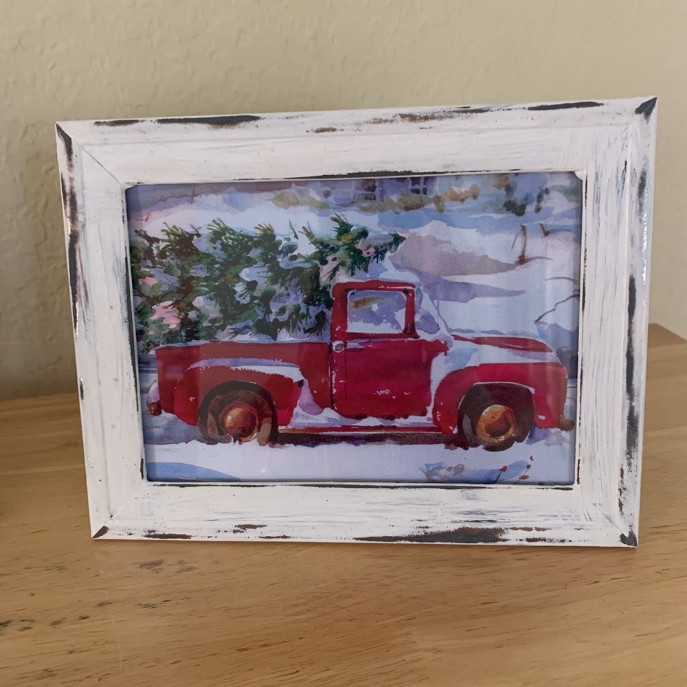 Farmhouse Christmas red truck picture 5x7 w/frame